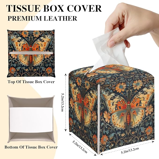 Vintage Butterfly Tissue Box Cover, Flora Tissue Holder Square with Bottom Belt for Home Bathroom Office Vanity Countertop, Housewarming Gifts Ideas for Women Friends Mom Bestie -12