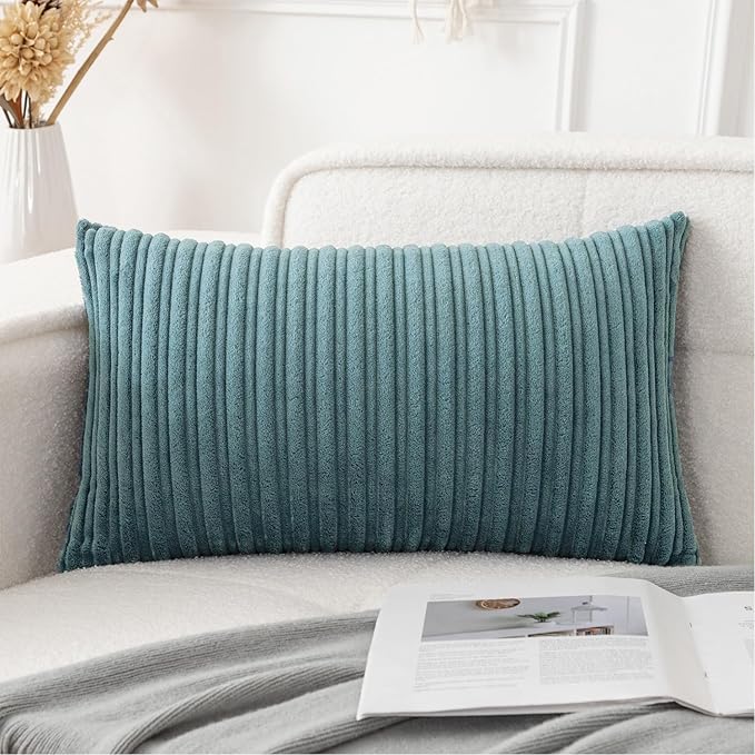 UGASA 14x20 Inch Pillow Cover Pack of 1 Soft Boho Stripe Corduroy Long Rectangle Lumbar Cushion Case Farmhouse Decorative Throw Pilowcase for Bed, Couch, Sofa, Bedroom, Living Room, Blue Grey