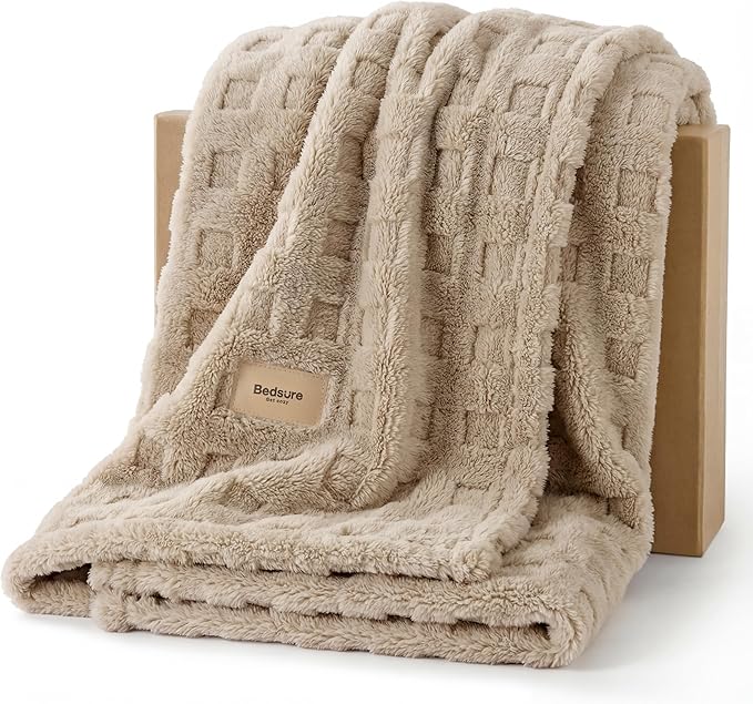 Bedsure Waffle Couch Throw Blanket - GentleSoft Fleece Cozy Blanket for Sofa Bed Room Decor, Super Fluffy Checkered Throw for Women Girls, Warm Cute All Season Gift, Tan, 50x60 Inches
