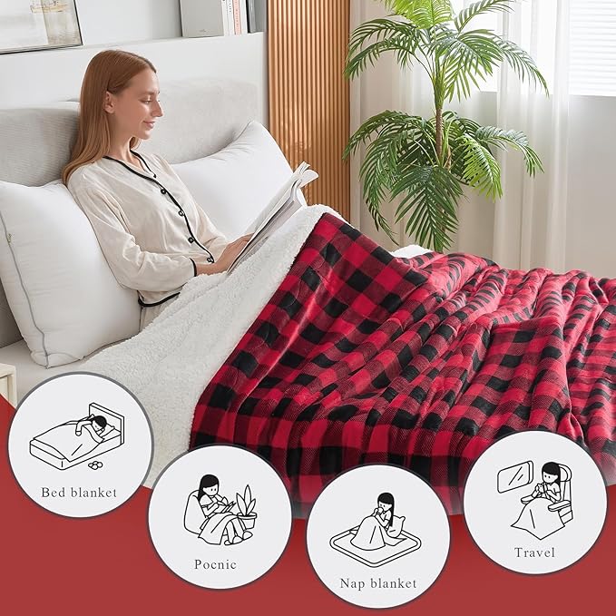CHOSHOME Sherpa Fleece Blanket- Thick Warm Blanket for Winter, Soft Fuzzy Plush Blanket for Bed, Couch, Travel (Checker Red, Queen 90" x 90")