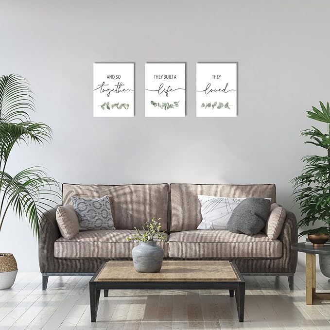 And So Together They Built A Life They Loved Wall Decor: 3 Piece Eucalyptus Pictures Wall Art Canvas Prints 12"x16",Sage Green Botanical Decor for Modern Farmhouse Living Room Master Bedroom