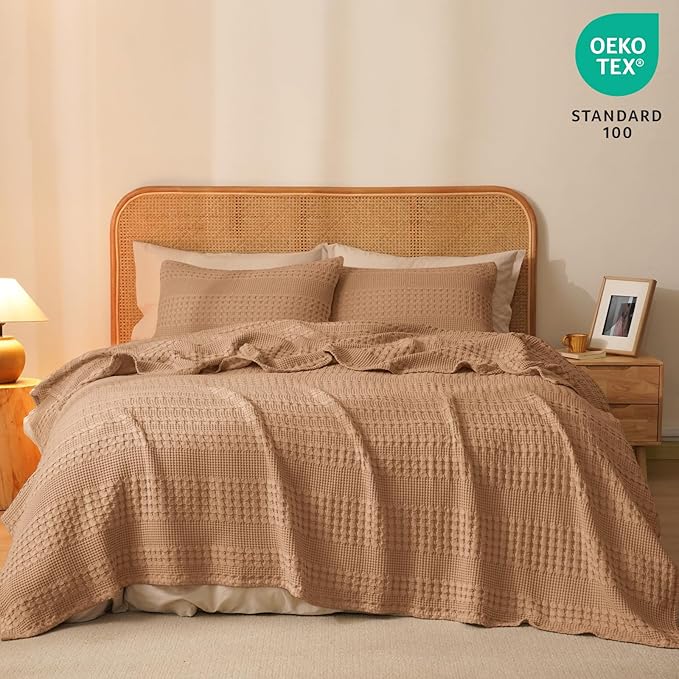 PHF 100% Cotton Waffle Weave Blanket Queen Size for Bed, Soft Lightweight & Breathable for Spring and Summer, All-Season Comfort, Luxury Aesthetic Blanket for Home Decor, 90"x90", Clay