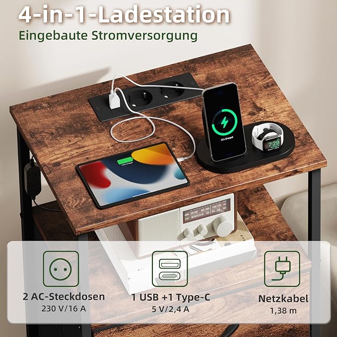 Somdot 2 Drawers Nightstand with Charging Station and LED Light for Bedroom, Small Dresser with Fabric Bins for Bedside Kids Dorm Room Closet Laundry Entryway, Wood Grain Print