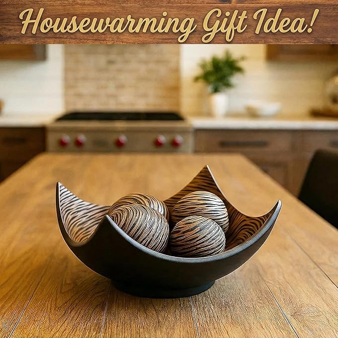 Seraphic 5pc Large Decorative Scoop Bowl Set with Stylish Orbs/Balls – Elegant Centerpiece for Dining/Kitchen Table, Living Room, or Office Decor, 14" diagonal. 11" wide and 5.75" tall, Brown