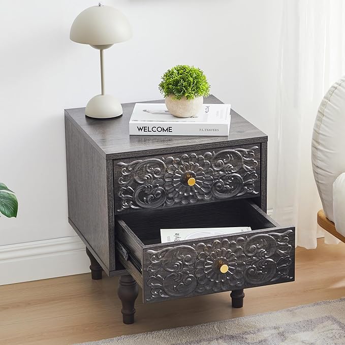 Nightstand, Farmhouse Bedside Table with 2 Drawers and Metal Handles, Wood Sofa Side Table End Table Accent Dresser for Bedroom, Living Room (Black Brown) (15.75 x 16.02 x 18.15 Inch)