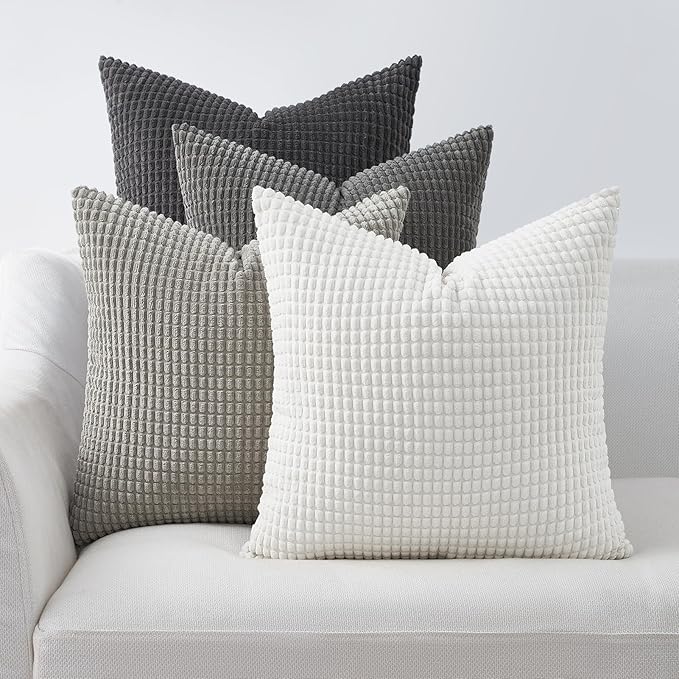 Topfinel 4 Packs Grey Decorative Throw Pillow Covers 22x22 Inch for Living Room Couch Bed Sofa, Boho Western Farmhouse Home Decor, Square Soft Moss Corduroy Fall Cushion Case 55x55 cm