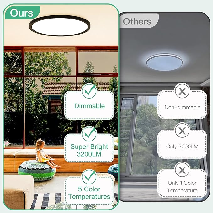 Brightever 12 Inch 6 Pack LED Ceiling Light Flush Mount, 24W 3200LM 0.67 Inch Thickness Close to Ceiling Light Fixtures, Dimmable & 2700K-6500K 5 Color Selectable Light Fixtures Ceiling Mount, Black