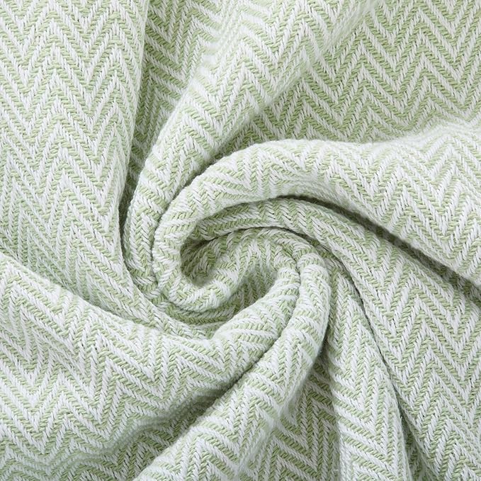 Americanflat 50x60 Throw Blanket - Soft and Breathable Cotton Throw Blanket for Couch, Bed, Chair - Decorative Blankets Perfect for Home or Outdoor Use - Light Green and White Herringbone Design