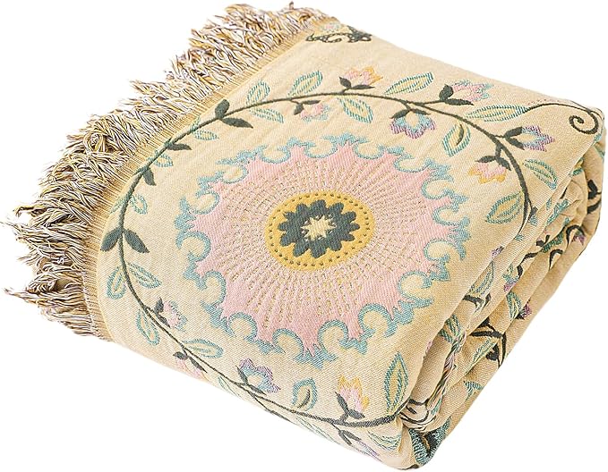 Snycler Boho Throw Blanket 80"x90" - 100% Cotton Ultra Soft Rustic Quilt, Green Floral Printed Farmhouse Decor for Bed, Sofa, Couch, Chair - All Season Cozy Blanket