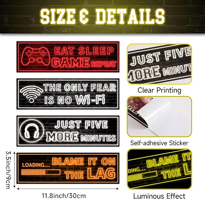 Eat Sleep Game Wall Decals Glow in The Dark, Gamer Controller Stickers Decor for Boy Bedroom, Joystick Video Gaming Kids Playroom Nursery Decoration