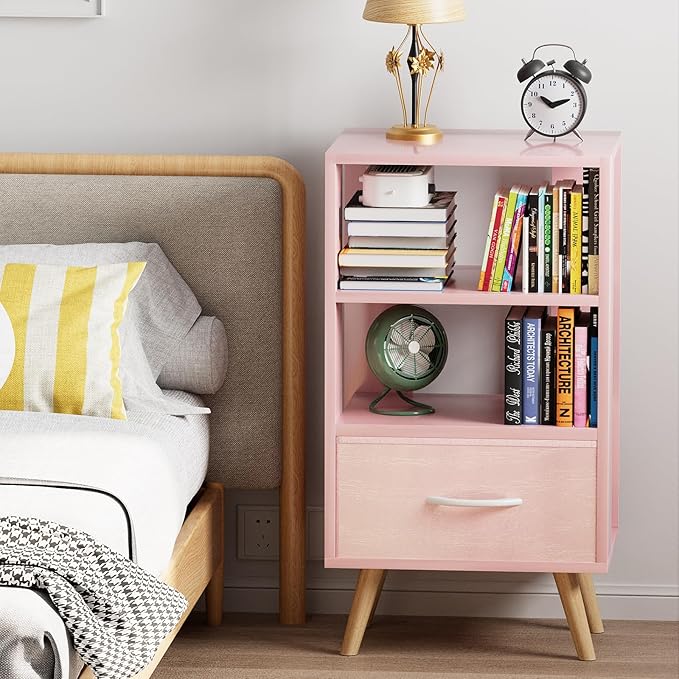 Night Stand, Pink Nightstand with Drawer, Side Table with Open Storage, 3-Tier Modern End Table, Bedside Table for Small Space, Living Room, Bedroom