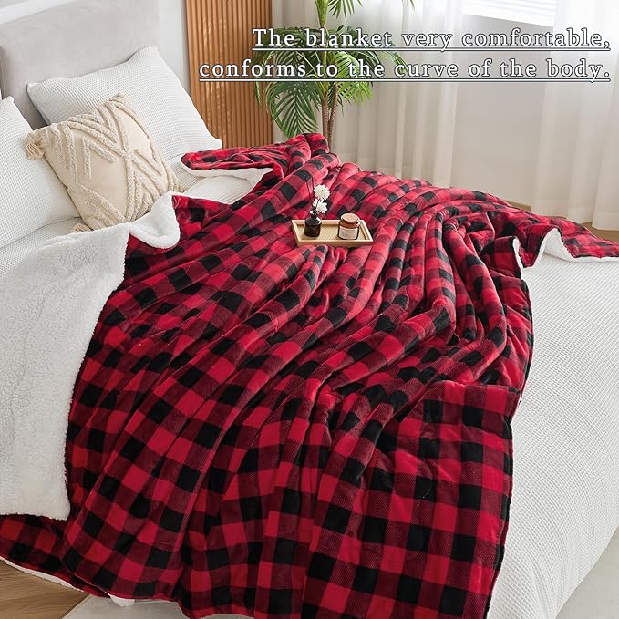 CHOSHOME Sherpa Fleece Blanket- Thick Warm Blanket for Winter, Soft Fuzzy Plush Blanket for Bed, Couch, Travel (Checker Red, Oversized King 96" x 120")
