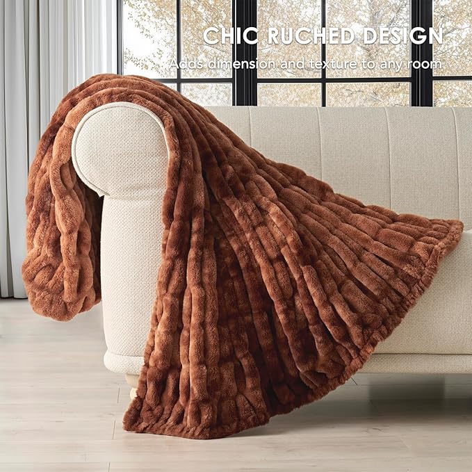 EVERGRACE Luxurious Soft Faux Rabbit Fur Throw Blanket, Cozy Fuzzy Plush Warm Throws for Couch Bed Sofa Chair Home Decor, Ruched Bubble Fluffy Blanket with Reversible Velvet, 60" x 80", Clay