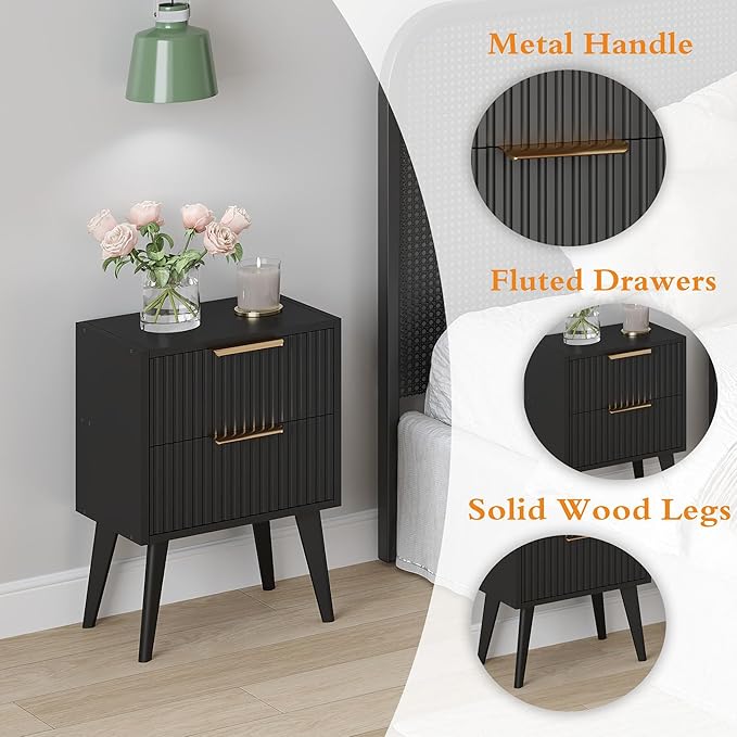Small Black Night Stand,Mid Century Modern Bedside Table, Nightstand with 2 Drawers,Fluted Side Table with Wood Legs, End Table for Bedroom,Small Space,Black 11.8" D x 16" W x 22.4" H CTG55BK