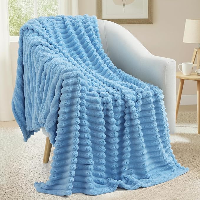 decorUhome Soft Fleece Blue Twin Blanket for Bed, Cozy Fluffy Plush Flannel Striped Throws for Couch Sofa, Lightweight Decorative Ribbed Fuzzy Blanket for Woman, 60x80 Inches