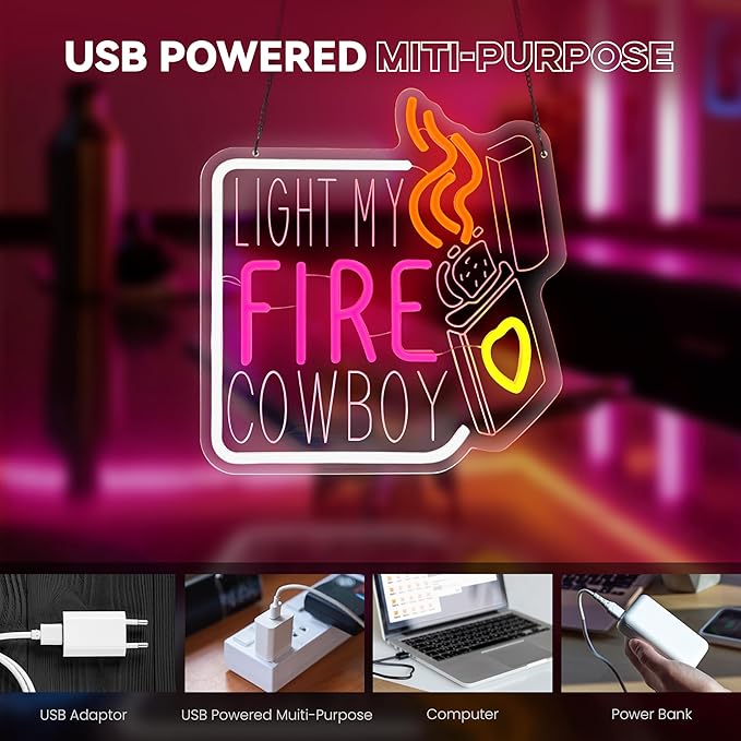 LIGHT MY FIRE COWBOY Neon Sign, Valentine's Day Neon Signs for Wall Decor, Dimmable Acrylic Neon Lights for Room Bedroom Hotel Bar Pub Club Party Decorations, Perfect Gifts