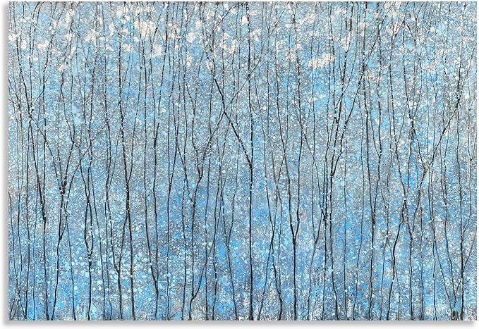 Yihui Arts Blue Tree Canvas Wall Art - Abstract Landscape Paintings with Silver Foil - Modern Forest Artwork for Living Room Bedroom Bathroom Decor