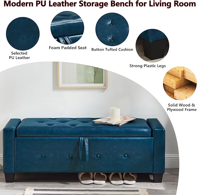 48" PU Leather Storage Ottoman Bench for Bedroom Bed End,Tufted Faux Leather Ottomans with Storage for Living Room,Bedside,Entryway,Modern Window Benches with Seating (PU Blue, 48")