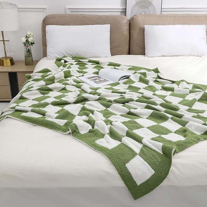 bearberry Fuzzy Checkerboard Grid Throw Blanket Knitted Soft Cozy Warm Microfiber Bed Blanket Decor for Couch Sofa Bed Travel Home (Avocado Green, 60''x80'')