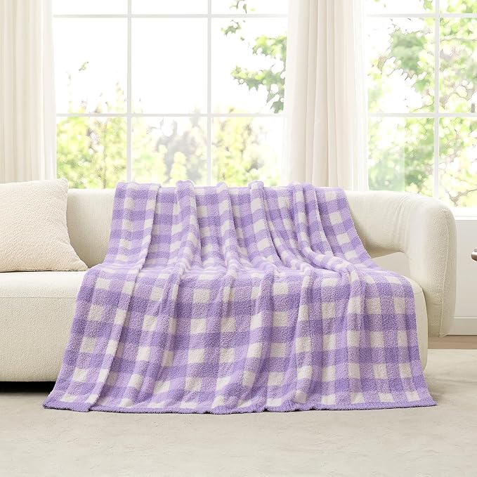 Snuggle Sac Buffalo Plaid Bedding Blanket Twin Size, Super Soft, Cozy Warm Knit Decorative Blankets, Reversible Plaid Fluffy Throws for Bed, Plaid Purple, 60x80 Inches