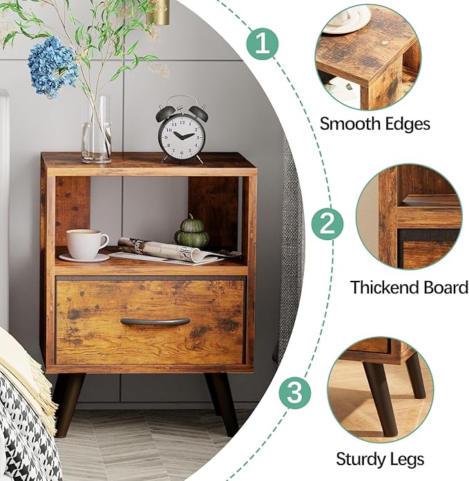 Night Stand, Brown Nightstand with Drawer, Side Table with Open Storage, 2-Tier Modern End Table, Bedside Table for Small Space, Living Room, Bedroom