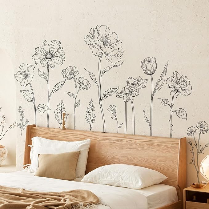 Large Black Boho Flower Wall Decals, 3 Sheets Simple Sketch Floral Wall Stickers Peony Wildflower Peel Stick Wall Art Decor Bedroom Home Room Office Garden Hall Adult Gifts for Mom(11.8x35.4 in/Sheet)