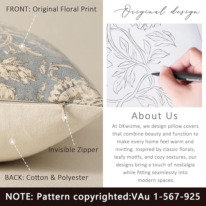 Vintage Floral Print Throw Pillow Covers 12x20 Set of 2 Neutral Modern Farmhouse Pillowcases Accent Decorative Cushion Covers Boho Home Decor for Couch Sofa Chair Bed Living Room, Sky Blue