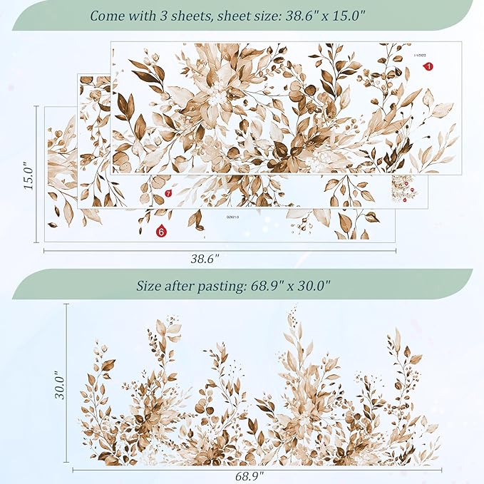Brown Plants Leaves Wall Decals Peel and Stick, Large Floral Flowers Vinyl Wall Stickers, Removable Vine Home Decor Art for Bedroom Living Room Classroom Office