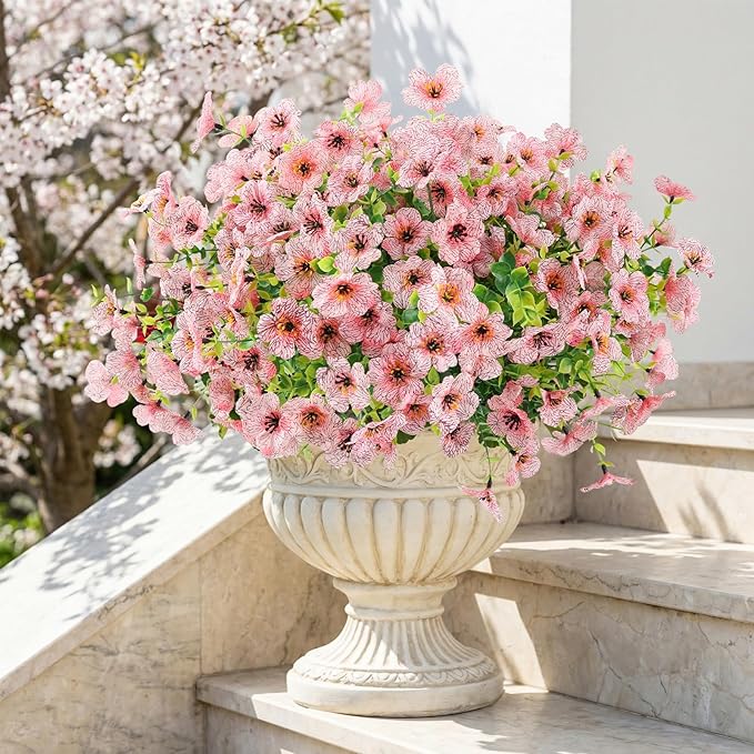 Artificial Flowers Outdoor Faux Plants UV Resistant Fake Patio Flowers Plastic Greenery Plnats Outside Bulk for Spring Garden Hanging Planter Home Vase Decor, 12 Bundles (Pink)