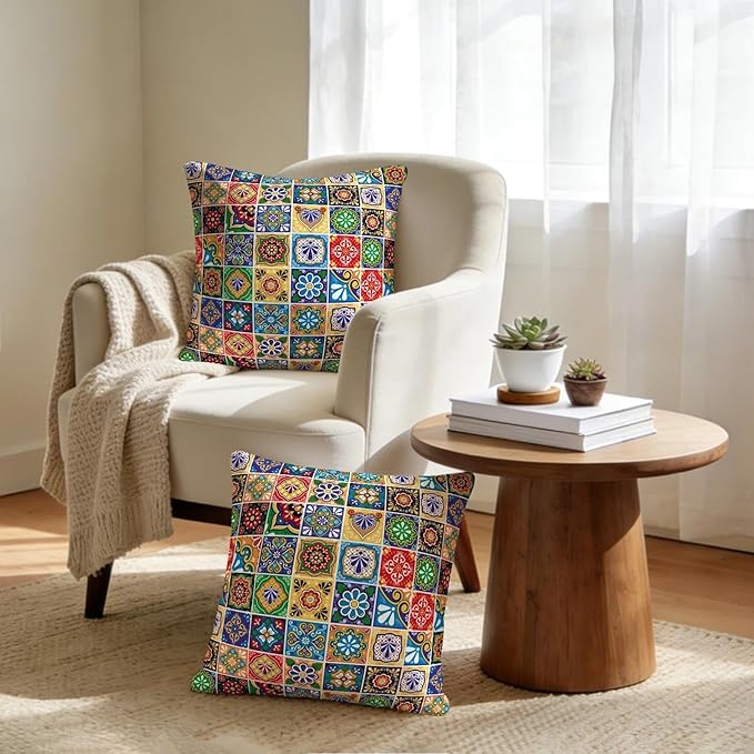 Mexican Talavera Tile Throw Pillow Covers 18x18 Set of 2, Colorful Boho Floral Pillowcases, Soft Square Cushion Covers for Couch Sofa Living Room Bedroom Farmhouse, Spring Easter Mexican Home Decor