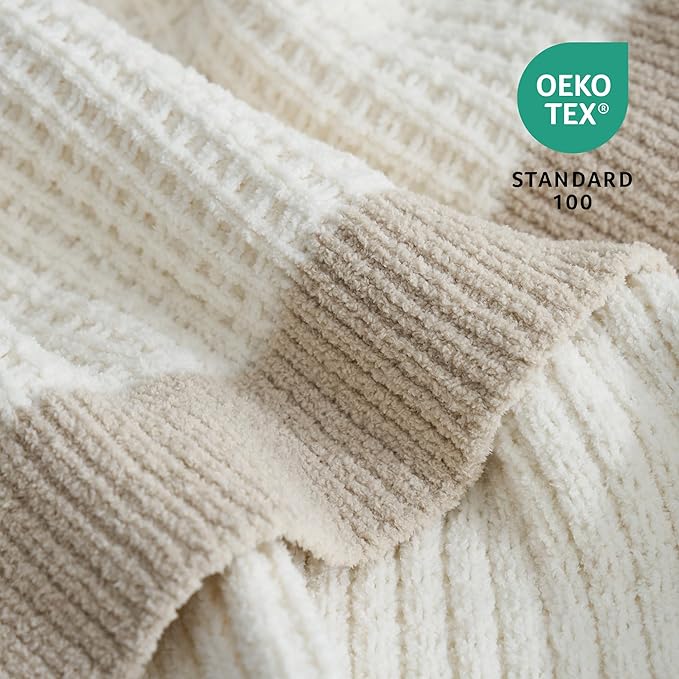 Amélie Home Waffle Throw Blanket for Couch Twin, Soft Cozy Chenille Knit Blanket Warm Decorative Throw for Sofa, Bed, Living Room, 60"x80", Ivory