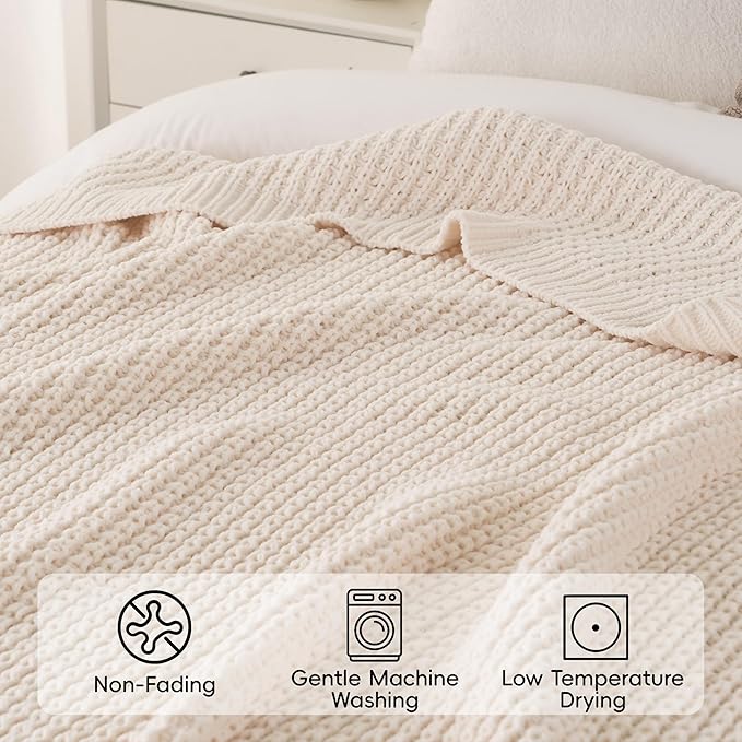 Bunnikins & Clover Cream White Throw Blanket for Couch, Waffle Ivory Throw Blanket for Bed, Warm Decorative White Blanket Throw for Home Decor, 60"x80"
