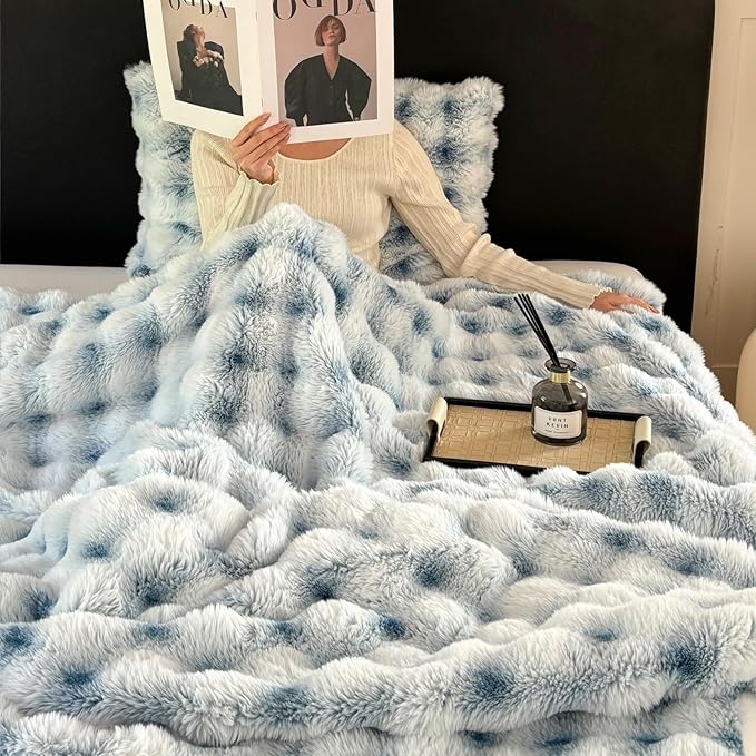 Luxury 1000GSM Throw Blanket, 50x60 Inches, Ultra Soft Double-Sided 3D Bubble Textured Faux Rabbit Fur, Frosted Blue & White, Reversible High-Density Plush Warm Blanket for Sofa & Bed