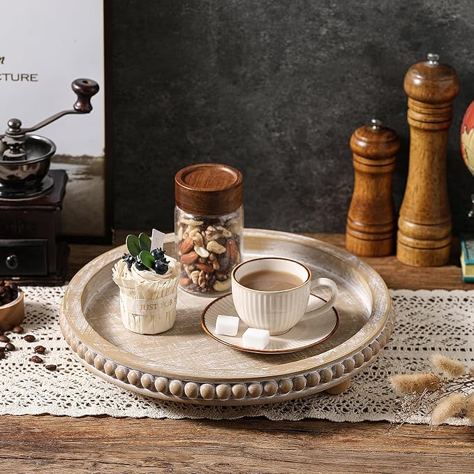 Decorative Coffee Table Tray, Round Wooden Tray Decor -Beige Beaded Distressed Rustic Farmhouse- Table Centerpieces for Dining Room Entryway Kitchen Counter Living Room