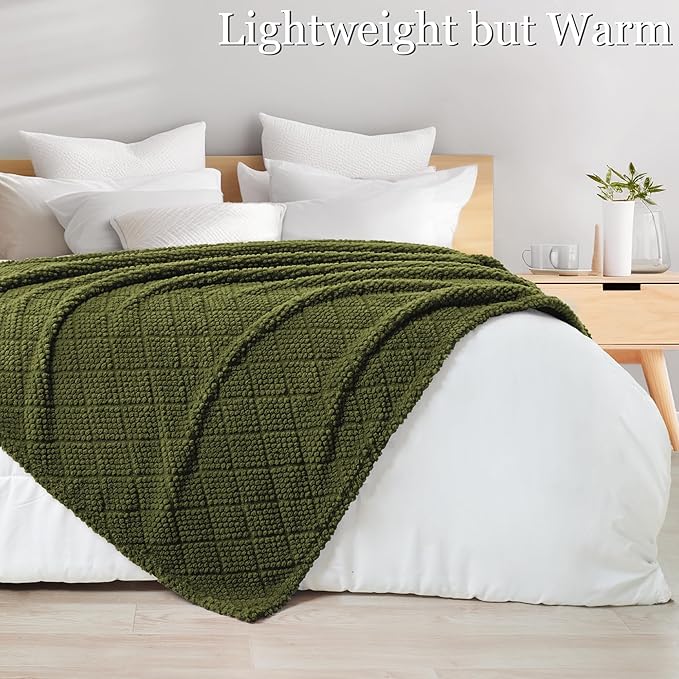 Whale Flotilla Fuzzy Fleece King Size Blanket for Bed, Soft Fluffy Jacquard Waffle Blankets for All Season, Lightweight and Warm, 90x104 Inch, Olive
