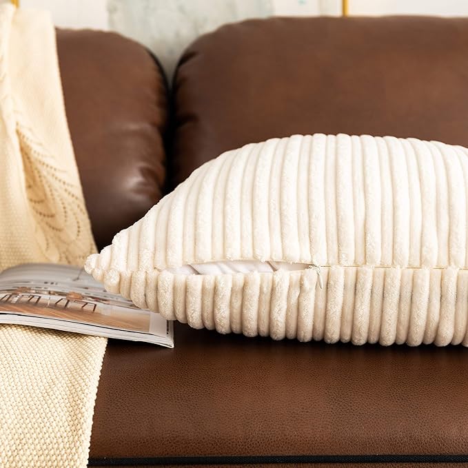 UGASA 18x18Inch Stripe Decorative Throw Pillow Covers Pack of 2 Soft Velvet Solid Square Cushion Case for Sofa Bedroom Couch, Cream
