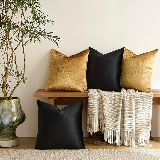 GIGIZAZA Pack of 4 Black Gold Pillow Covers,16x16 Velvet Throw Pillows Soft Covers Decorative Luxury Couch Square Pillow Covers Modern Living Room Cushion Covers