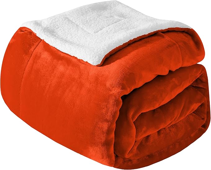 Mocassi Premium Ultra-Soft Velvet Touch Flannel Fleece Sherpa Throw - Warm Cozy Reversible Plush Micromink Throw Blanket for Couch, Bed and Sofa - Fluffy, Christmas Winter Bedding Gift, Orange