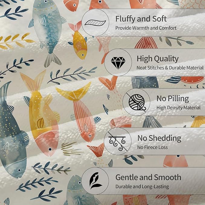 Watercolor Fish Blanket | Soft Warm Fuzzy Lightweight Flannel Throw Blanket Perfect for Couch, Bed, Decor, Travel & Outdoor Use, Cozy Blankets for Adults Kids Women Girls 50×40 in