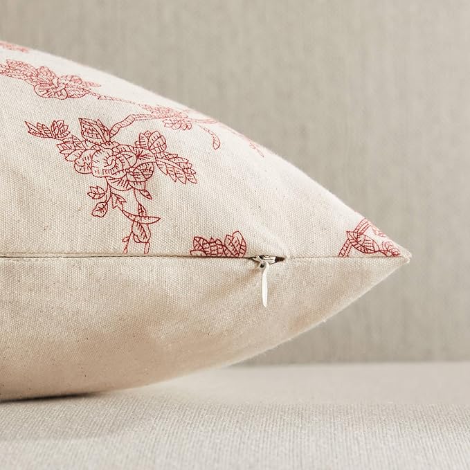 100% Cotton French Pastoral Throw Pillow Covers Set of 2, 20x20 Inch Red Farmhouse Decorative Cushion Covers for Sofa Bed Living Room Home Decor