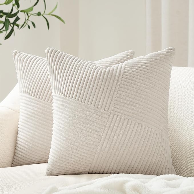 Topfinel Cream Boho Decorative Throw Pillow Covers 20x20 Inch for Couch Sofa Bed, Soft Corduroy Striped Patchwork Windmill Textured Neutral Square Cushion Covers Accent Home Decor 50x50cm Set of 2