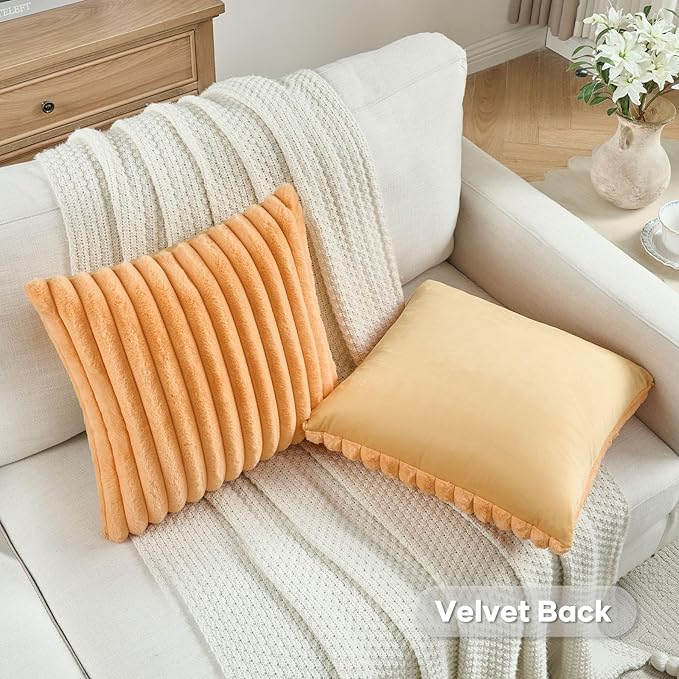 FUTEI Orange Decorative Throw Pillow Covers Set of 2, 22x22 Inch Soft Fluffy Faux Fur Plush Striped Cushion Cases, Modern Home Decor for Couch Bed Living Room