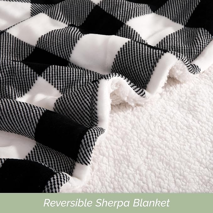 Elegant Comfort Ultra Soft Reversible Buffalo Plaid Flannel Sherpa Blanket - Cozy Silky Checkered Fleece Throw for Couch, Bed - Plush Fuzzy Warm Winter Blanket for Gift, Queen, Black