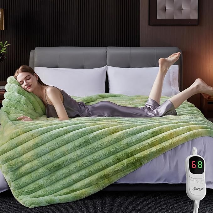 Heated Throw Blanket, Faux Fur Cozy Heating Blanket with Overheat Protection, 1/2/4/6/8 Hours Auto-Off 10 Heat Level, Machine Washable (72x84 I Inches, Tie-Dye Green)