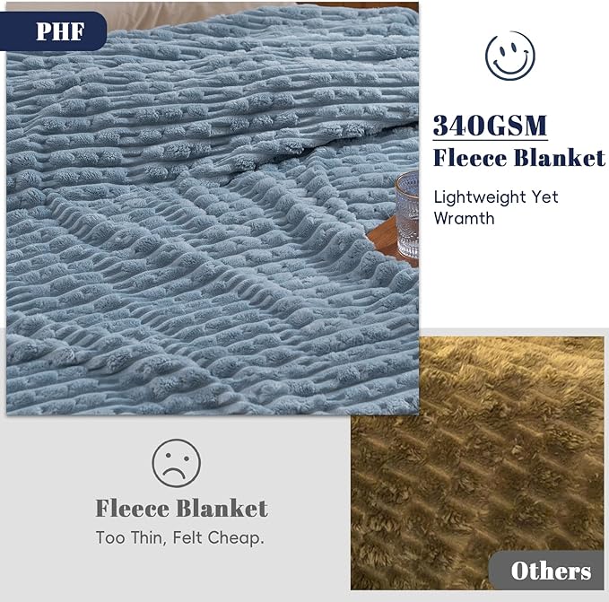 PHF Ultra Soft Flannel Fleece Blanket Queen Size, Lightweight 3D Jacquard Fleece Blanket, No Shedding, No Pilling, Luxury 340GSM Aesthetic Fluffy Cozy for Bed Room Decor, 90"x90", Dusty Blue