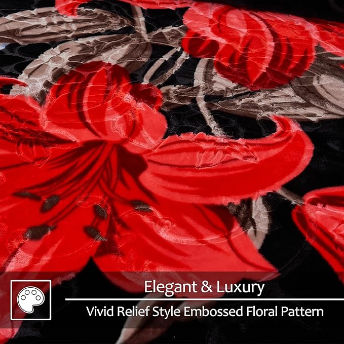 JYK Korean Faux Mink Fleece Blanket 83" X 91", 5.7 LB - 2 Ply Reversible Soft Warm Plush Flannel Blanket, A&B Pattern Printed Embossed Microfiber Blanket for All Seasons, (Roses & Lilies Black, King)