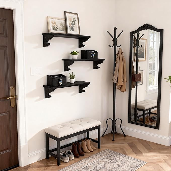 Alsonerbay Black Floating Shelves for Wall 3 Pack, 17 inch Solid Wood Shelves Wall Mount with Hook, Decorative Hanging Shelves for Bedroom Living Room Nursery Office and More