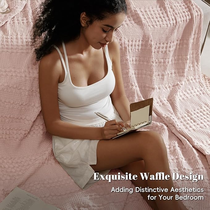 PHF 100% Cotton Waffle Weave Blanket King Size for Bed, Soft Lightweight & Breathable for Spring and Summer, All-Season Comfort, Luxury Aesthetic Blanket for Home Decor, 108"x90", Pink/Mauve