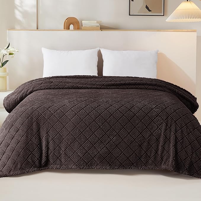 Whale Flotilla Fuzzy Fleece Queen Size Blanket for Bed, Soft Fluffy Jacquard Waffle Blankets for All Season, Lightweight and Warm, 90x90 Inch, Coffee