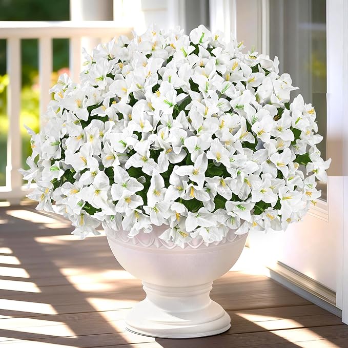 Yastouay 16 Bundles Artificial Flowers for Outdoors, Realistic Bougainvillea Fake Flowers for Outside, UV Resistant Silk Outdoor Faux Plants for Porch Patio Planter Front Door Garden Decor(White)